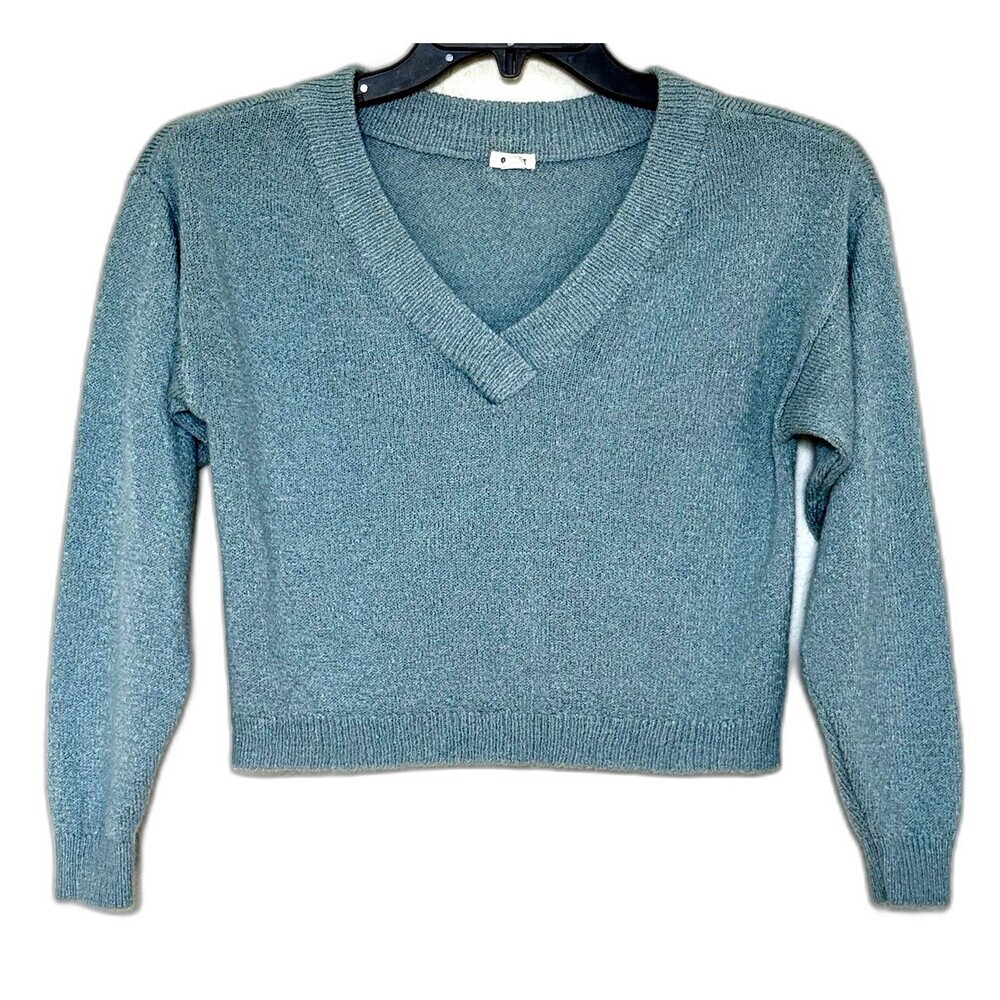 GARAGE Sweater Womens Sz XS Teal V Neck Pullover Cropped Knit Lightweight Top